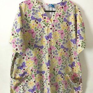 Pale Yellow Butterfly Scrub Top